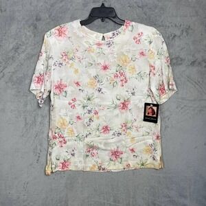Vintage 90s Cottagecore Floral Rayon Short Sleeve Blouse Large Romantic Feminine